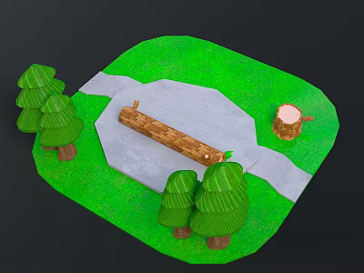 Outdoor Park Scene With Green Grass Trees Wooden Bench And Tree Stump 3d model