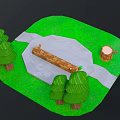 Outdoor Park Scene With Green Grass Trees Wooden Bench And Tree Stump