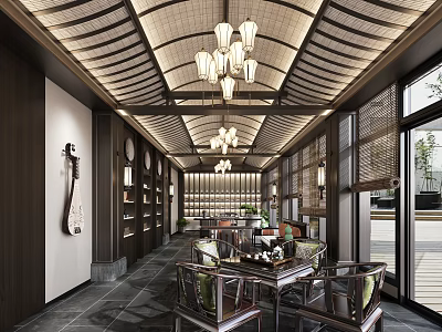 Traditional Chinese Teahouse Interior Featuring Wooden Lattice Ceiling Lantern Chandeliers Tables Chairs And Pipa Decor 3d model