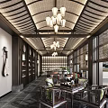 Traditional Chinese Teahouse Interior Featuring Wooden Lattice Ceiling Lantern Chandeliers Tables Chairs And Pipa Decor
