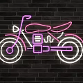 Motorcycle Themed Decorative Neon Lights on Black Brick Wall with Purple Orange Yellow Pink Hues
