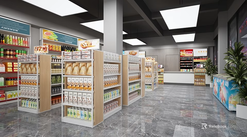 Modern Supermarket Interior With Shelves Stocked Various Grocery Products And Household Items 3d model 