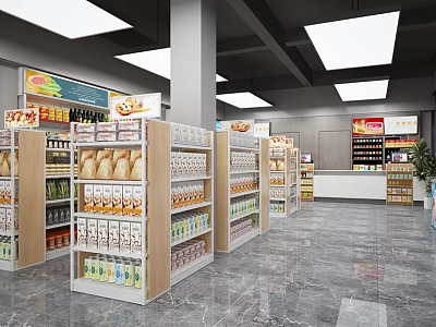 Modern Supermarket Interior With Shelves Stocked Various Grocery Products And Household Items 3d model