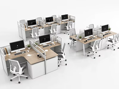 Modern Office Workspace With Multiple Partitioned Desks Computer Monitors Potted Plants And Ergonomic Chairs 3d model