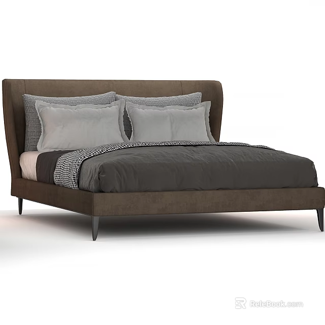 Modern Upholstered Double Bed With Brown Frame Gray Pillows And Bedspread 3d model