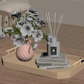 Stylish Decorative Ornament Set With Wooden Tray Pink Vase White Flowers Diffuser And Books