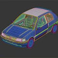 Blue Small Hatchback Car With White Roof And Black Windows On Reflective Surface