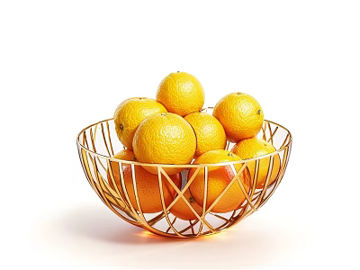 Fresh Ripe Oranges Filled in Golden Metal Basket on White Background 3d model