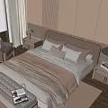Modern Double Bed Bedroom Interior With Brown Headboard Pillows Blanket And Armchair