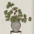 White Textured Vase With Pine Branches And Pine Cones On Hexagonal Base Against Light Background 3d model