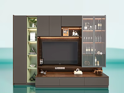 Modern TV Stand Design With Glass Cabinet Storage Shelves And Decorative Items 3d model