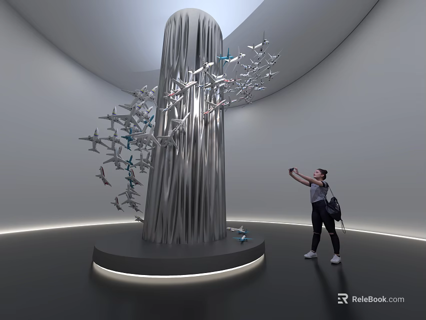 Airplane Models Arranged On Modern Sculpture In Exhibition Hall With Visitor Taking 3d model 