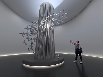 Airplane Models Arranged On Modern Sculpture In Exhibition Hall With Visitor Taking 3d model