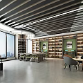 Modern Open Lounge Area With Striped Ceiling Large Windows Green Plants Sofas And Bar Counter