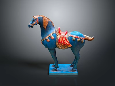 Exquisite Blue Horse Sculpture with Red Saddle and Decorative Bells on Base 3d model