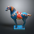 Exquisite Blue Horse Sculpture with Red Saddle and Decorative Bells on Base