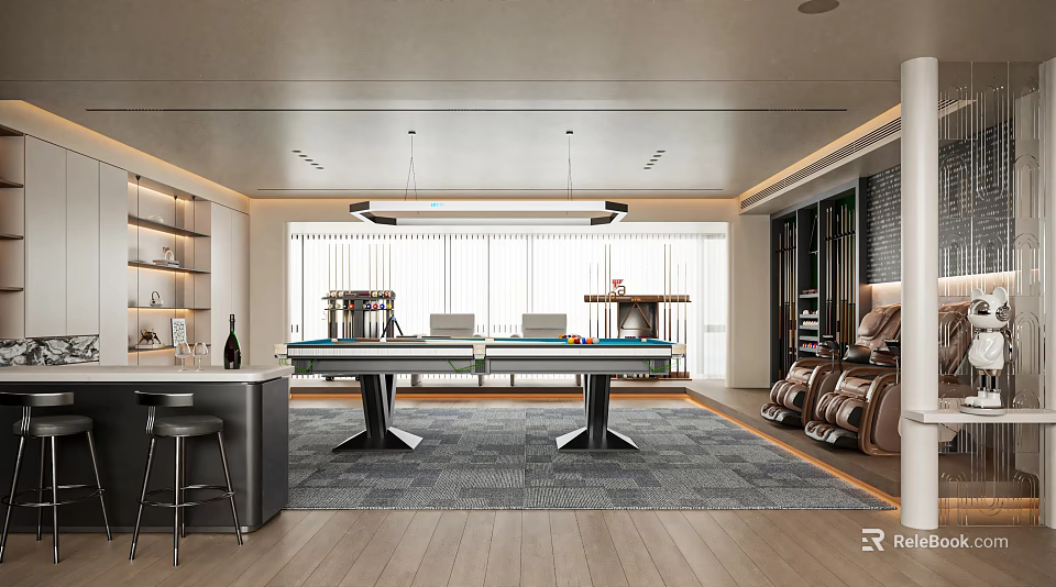 Modern Billiard Room Interior With Two Tables Bar Counter And Cabinets 3d model 