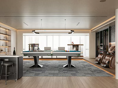 Modern Billiard Room Interior With Two Tables Bar Counter And Cabinets 3d model