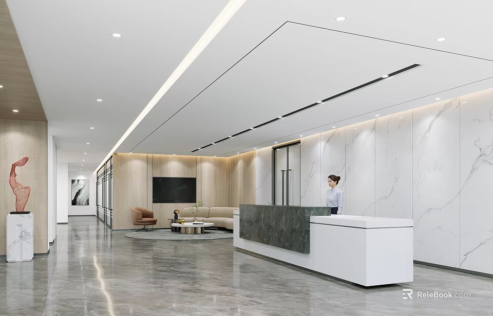 Modern Stylish Office Reception Area With Marble Decor And Cozy Well Designed Waiting Lounge 3d model 