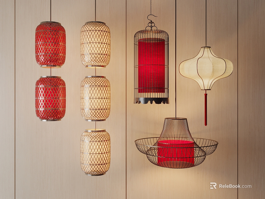 Red Beige White Woven Metal Frame Lantern Style Pendant Lighting Combinations on Wooden Wall 3d model 