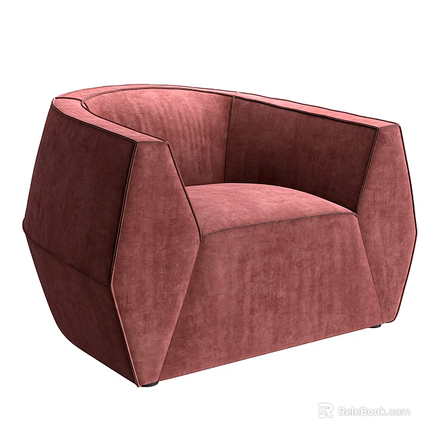 Burgundy Velvet Modern Geometric Single Sofa with Sleek Armrest Design 3d model 