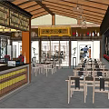 Traditional Chinese Restaurant Interior With Wooden Tables Chairs Hanging Lanterns And Open Layout Windows