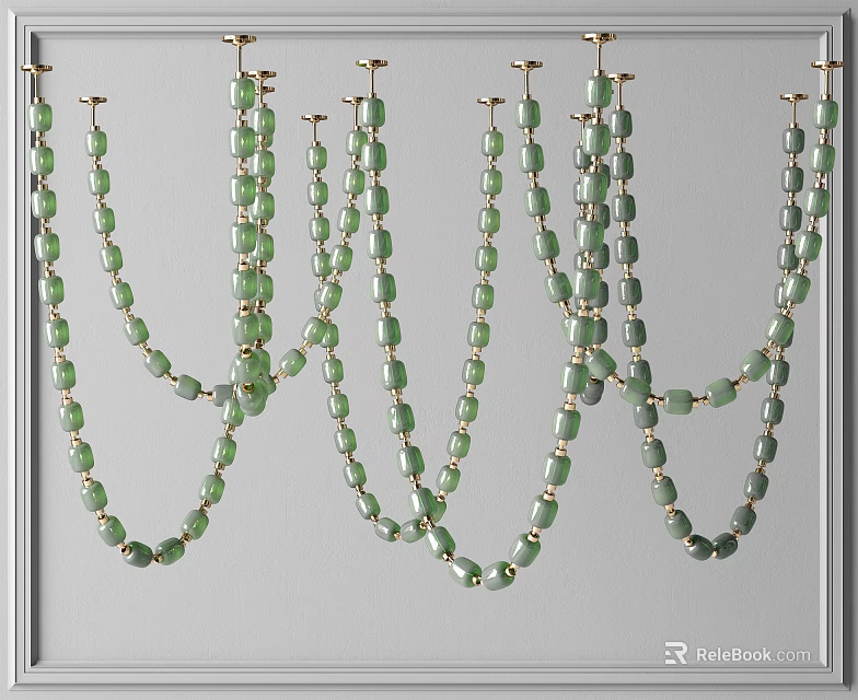 Modern Minimalist Chandelier Featuring Green Long Beads And Golden Metal Hanging Chains 3d model 