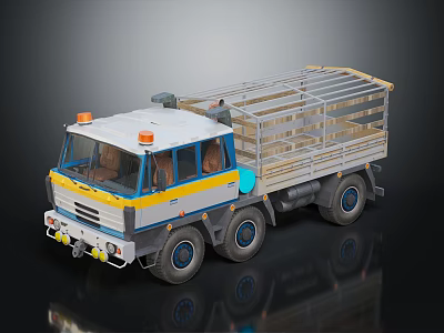 White Blue and Yellow Cargo Truck With Open Bed Metal Railings And Multiple Wheels 3d model