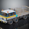 White Blue and Yellow Cargo Truck With Open Bed Metal Railings And Multiple Wheels