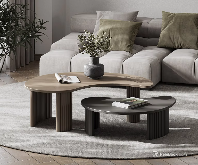 Light Wooden And Black Curved Coffee Tables With Books Vase In Modern Living Room 3d model 