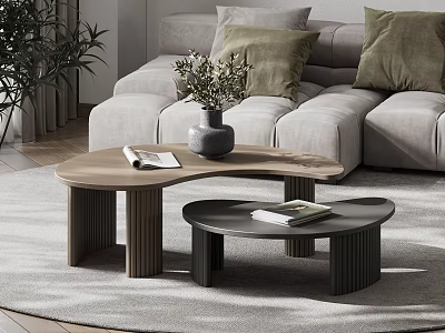 Light Wooden And Black Curved Coffee Tables With Books Vase In Modern Living Room 3d model