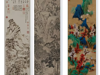 Traditional Chinese Landscape Scroll Paintings Ink Wash And Colorful Scenery 3d model