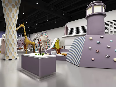 Colorful Kids Playground With Purple Lighthouse Giraffe Slide And Star Dot Decorations 3d model
