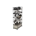 Organized Kitchen Dinnerware Set On Metal Wire Shelves With Wooden Crates