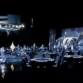Luxurious Banquet Hall With Starry Theme Backdrop Decorative Chandeliers And Flower Walkway