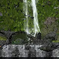 Park Landscape With Waterfall Lush Greenery Pink White Flowers Deer Family And Small Pond