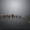 Diverse Characters And Creatures Models Arranged In Lineup On Reflective Surface
