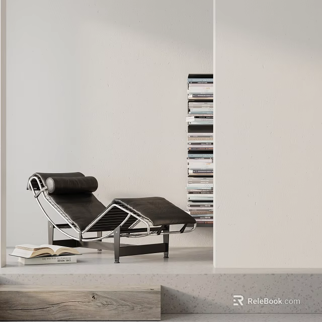 Black Leather Lounge Chair With Metal Frame In Minimalist Room Stack Of Books Open Book 3d model 