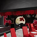 Wedding Banquet Hall With Red Floral Decorations Full Moon Backdrop And Red Carpet Aisle