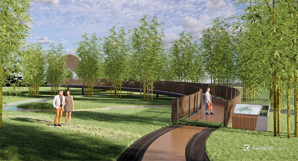 Scenic Landscape Bridge With Winding Wooden Structure Among Green Bamboo Groves And Grassland 3d model 