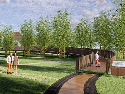Scenic Landscape Bridge With Winding Wooden Structure Among Green Bamboo Groves And Grassland 3d model