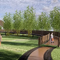 Scenic Landscape Bridge With Winding Wooden Structure Among Green Bamboo Groves And Grassland
