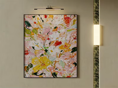 Colorful Floral Abstract Painting Hanging On Light Wall With Wall Lamp And Textured Decoration 3d model