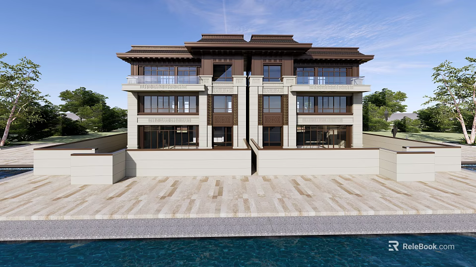Chinese Style Semi Detached Villa With Symmetrical Facade Large Windows And Waterfront View 3d model 