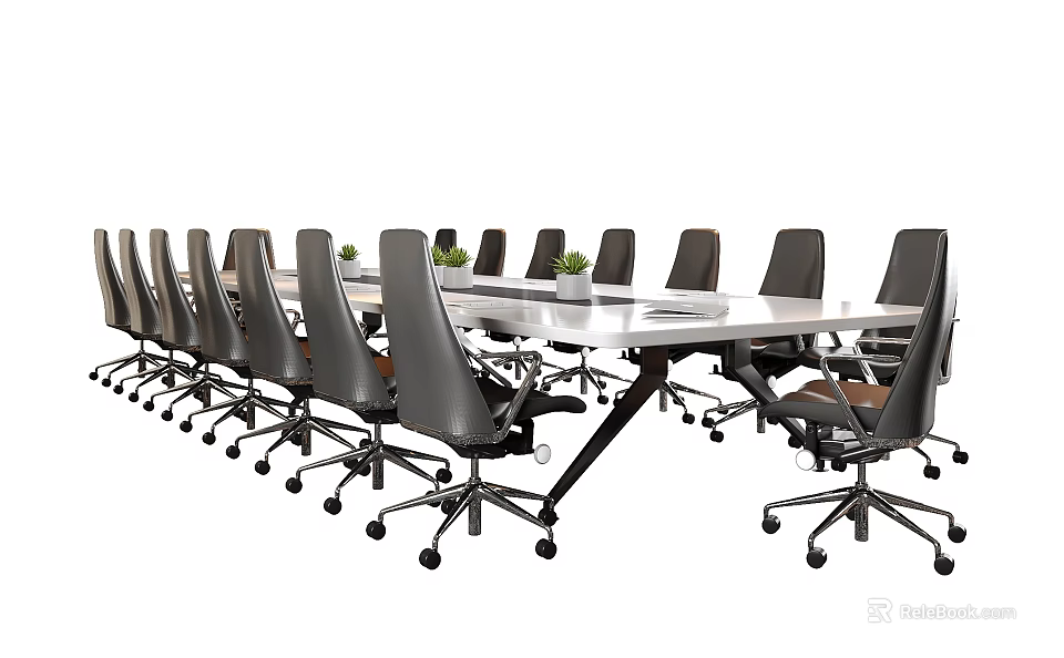 Modern Office Conference Table With White Tabletop Black Frame And Rolling Chairs 3d model 