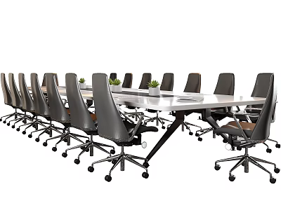 Modern Office Conference Table With White Tabletop Black Frame And Rolling Chairs 3d model
