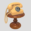 Vintage Yellow Telephone With Coiled Cord On Wooden Stand Retro Design Style
