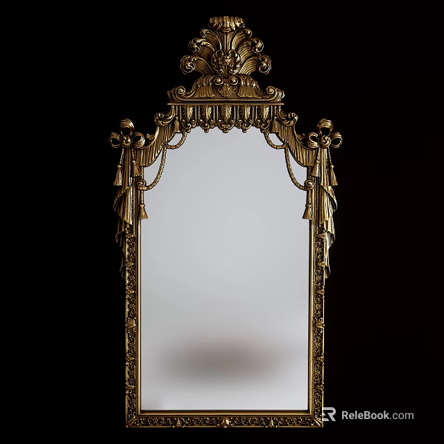 Ornate Golden Mirror With Intricate Carved Frame And Scroll Decorative Motifs 3d model 