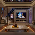 Modern KTV Lounge Interior With Comfortable Sofas Coffee Table Stylish Lighting And Large Screen TV 3d model