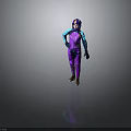 Person In Purple And Blue Jumpsuit With Helmet Standing On Gray Background